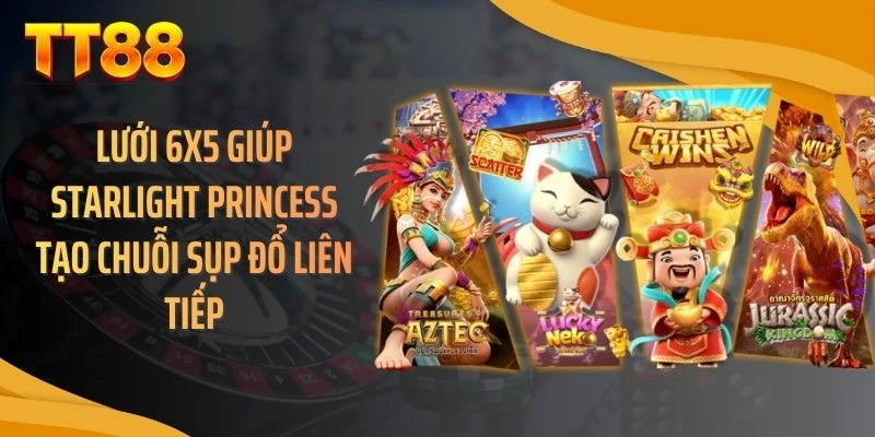 Lưới 6x5 giúp starlight princess tạo chuỗi sụp đổ liên tiếp